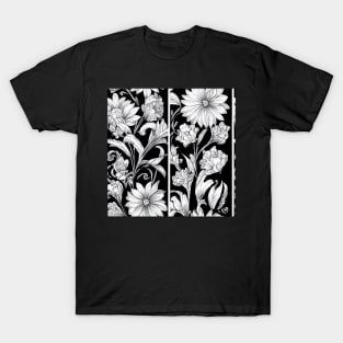 Vintage Floral Cottagecore  Romantic Flower Peony Rose Design Black and White T-Shirt